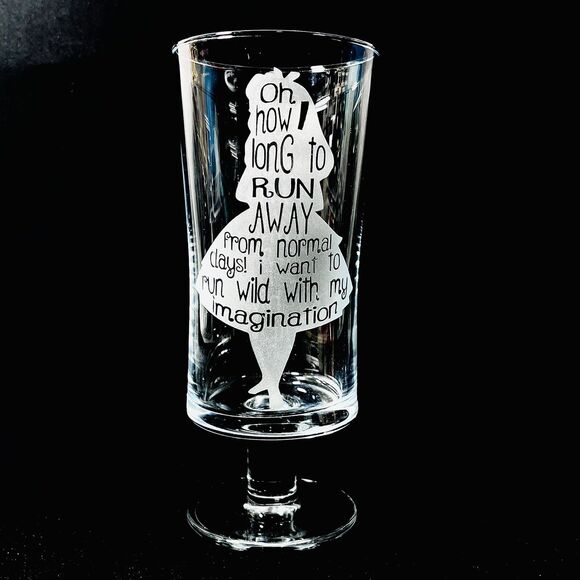 Alice In Wonderland Parfait Etched Glass Set of 4 Custom Made Footed Clear OOAK - Picture 2 of 10
